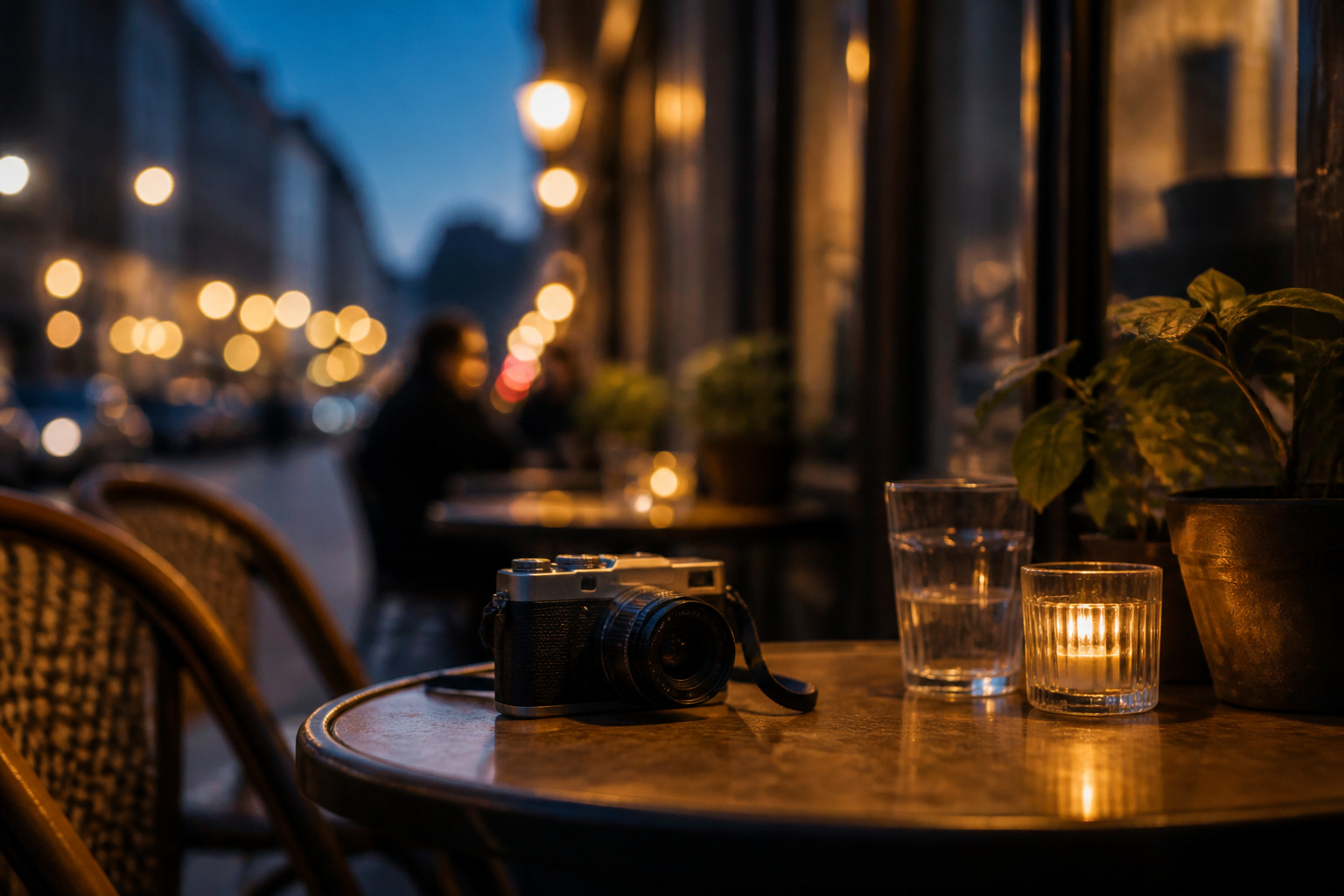 Small camera on a cafe table at dusk