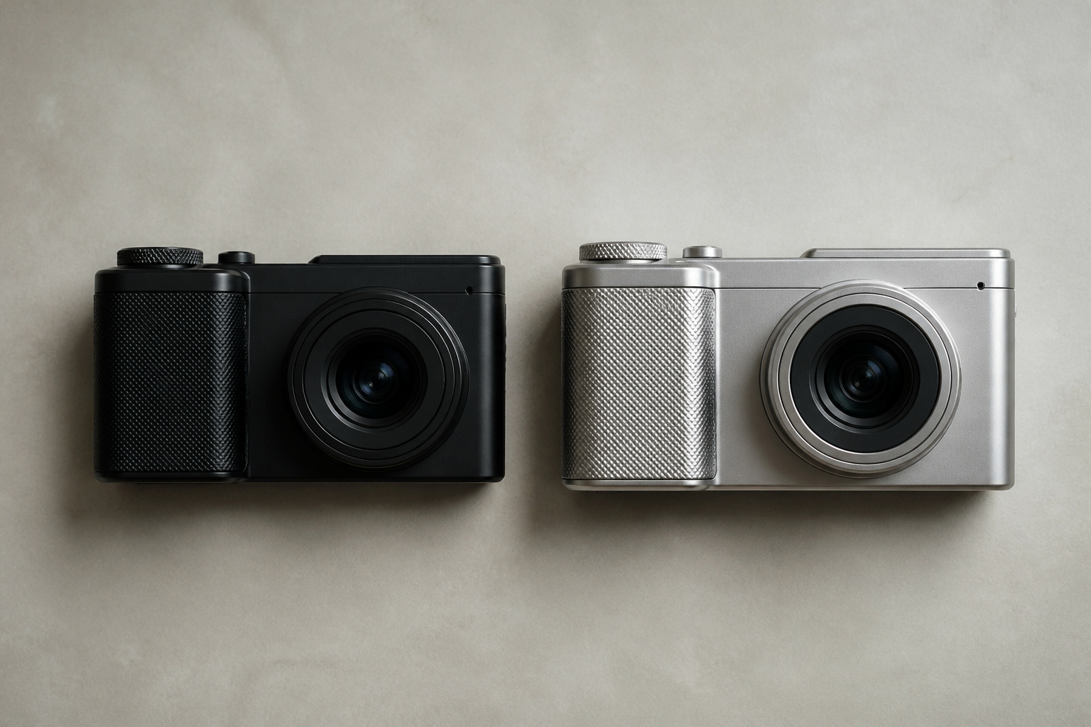 Two small handheld cameras lined up on a table