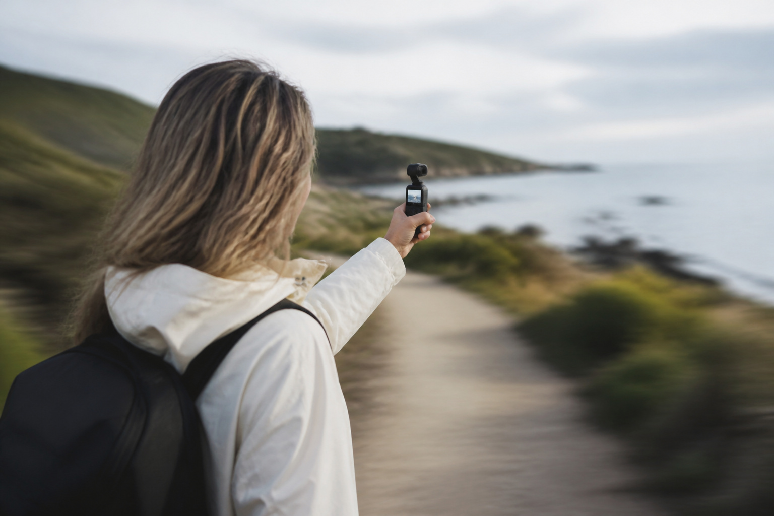 Walking along a coastal path with a handheld gimbal