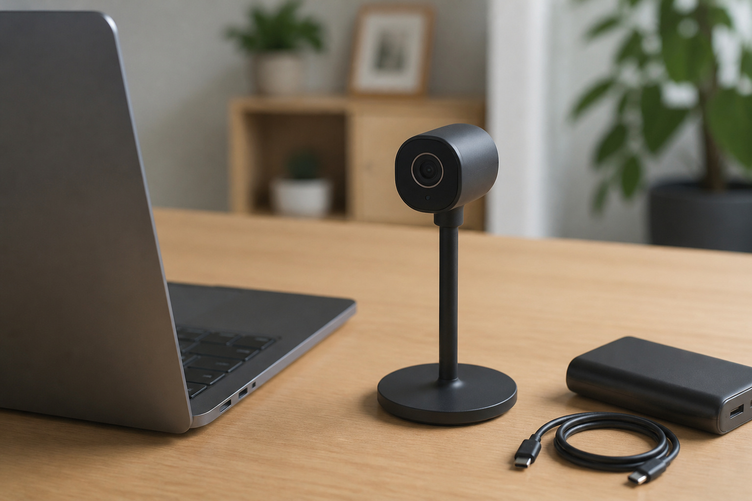 Small camera on a desk stand beside a laptop and power bank