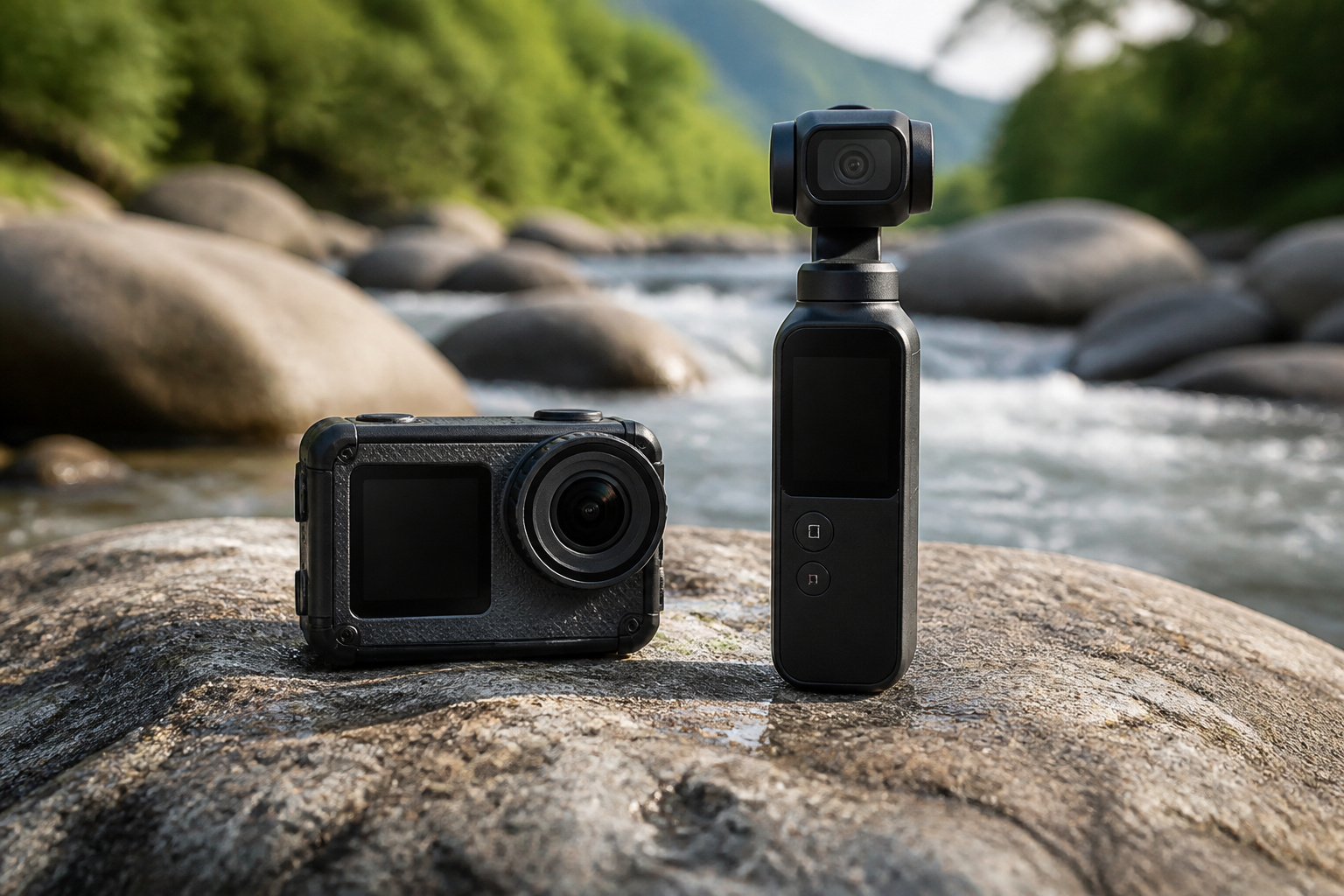 Action camera and gimbal camera side by side outdoors