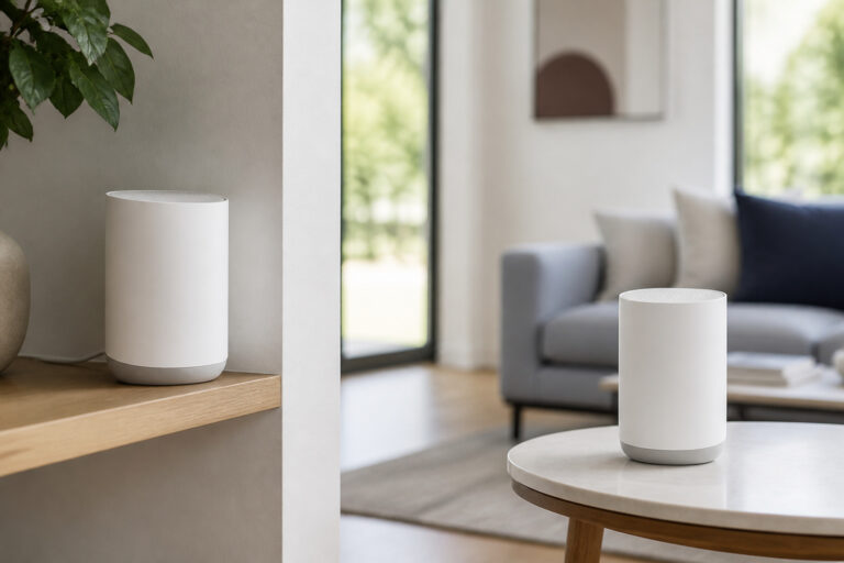Two mesh Wi-Fi nodes in a bright modern living room