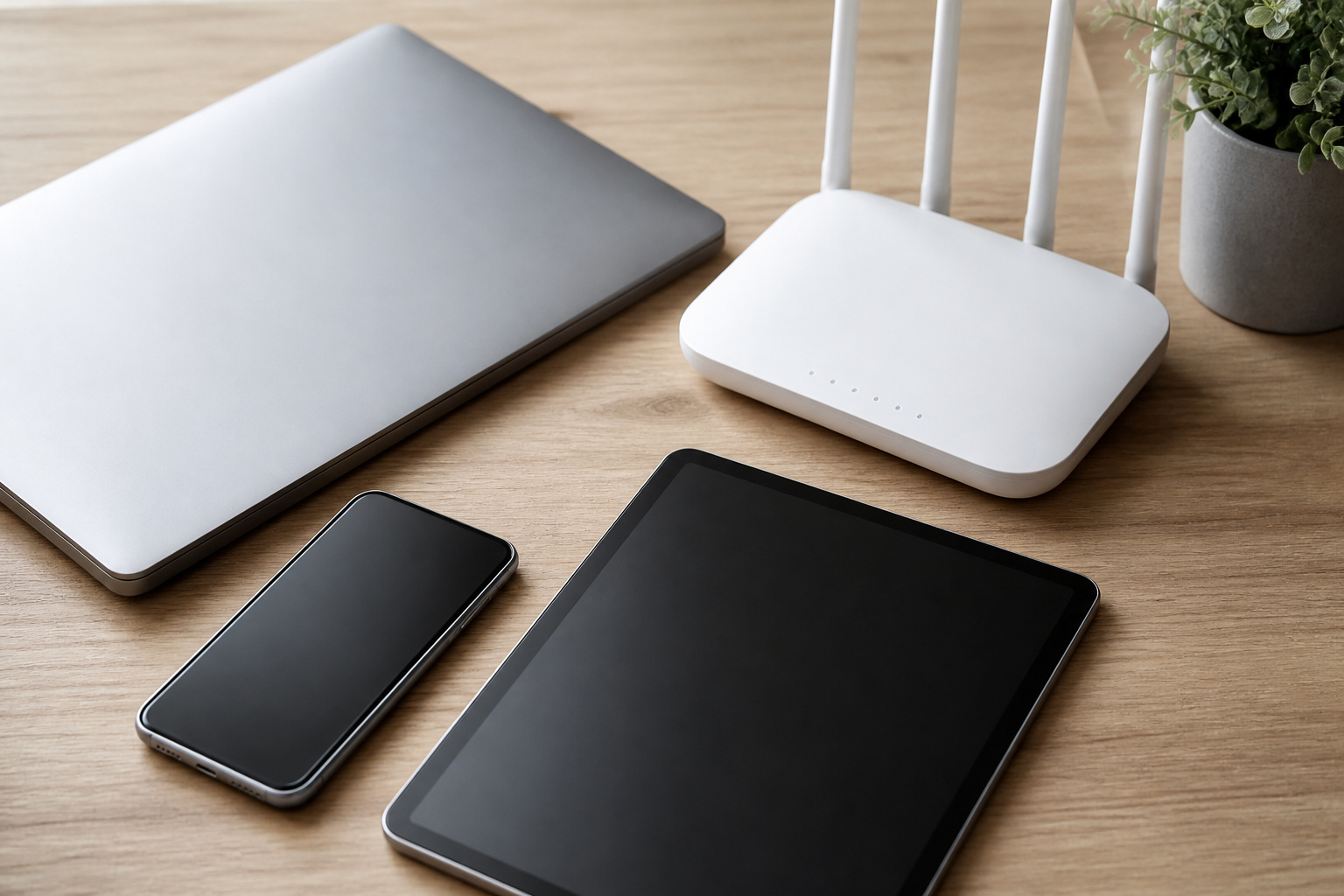 Laptop, phone and tablet beside a router