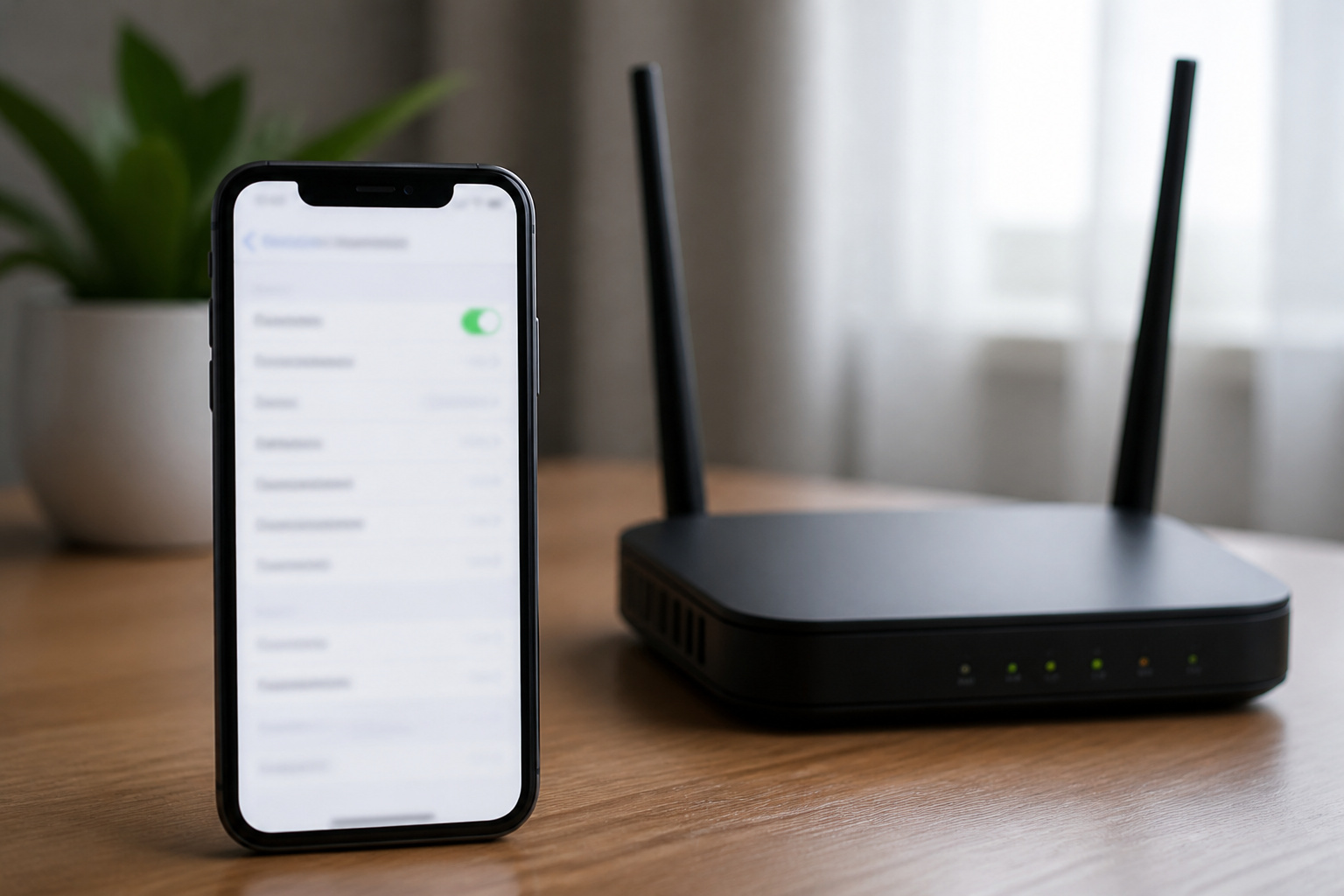 Phone with a network settings screen beside a router