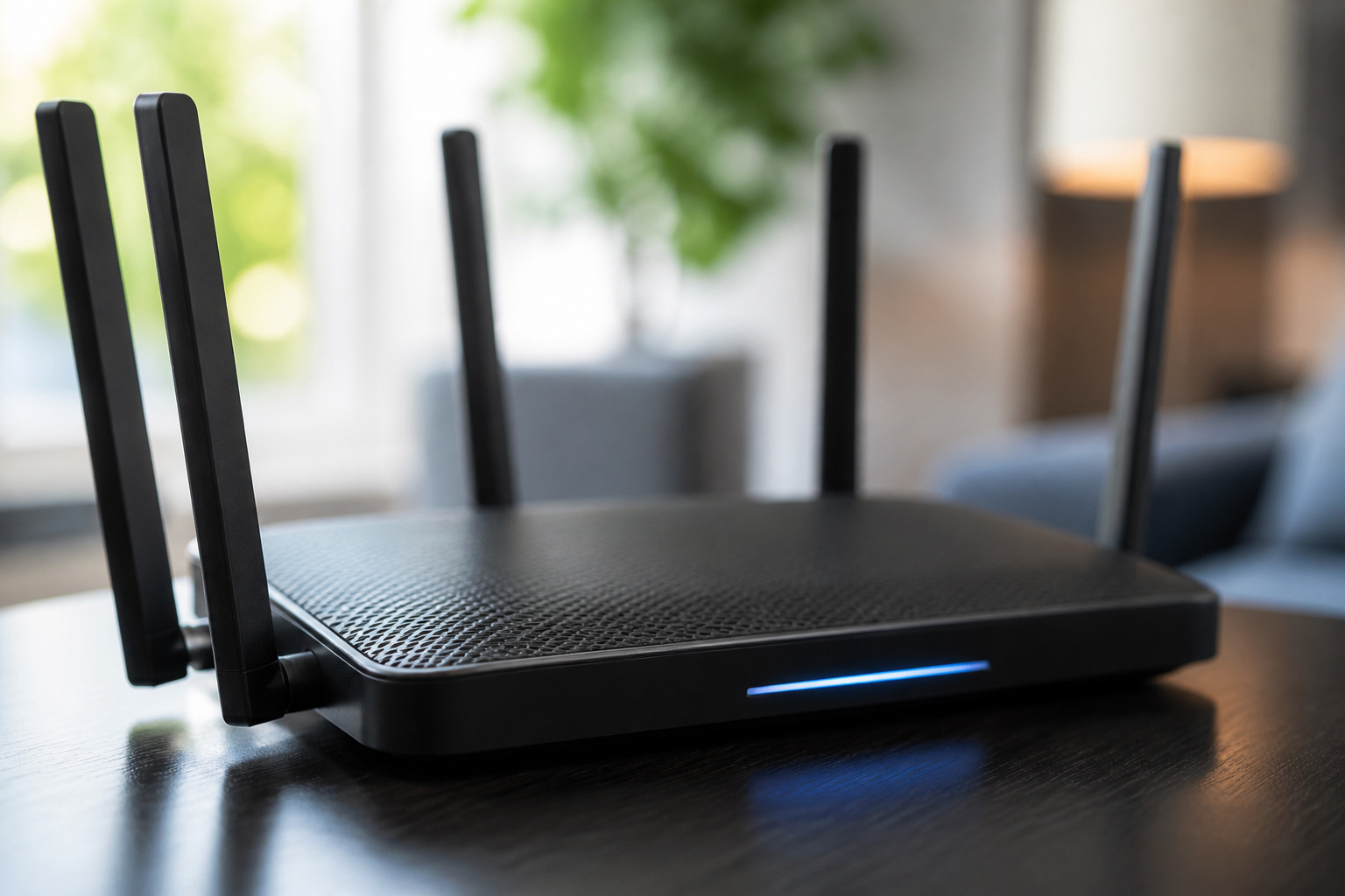 Modern Wi-Fi router with status light on a desk