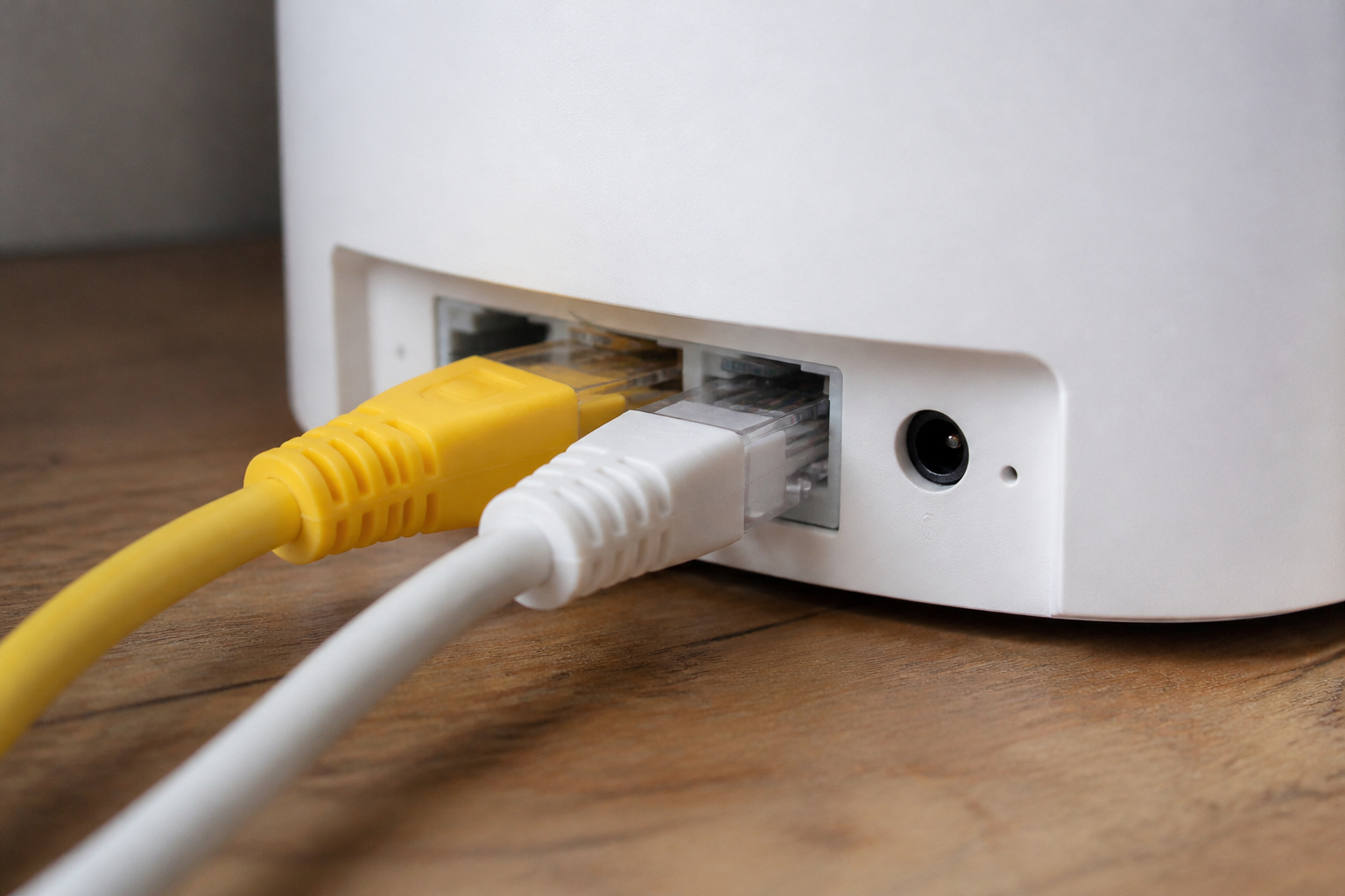 Ethernet cables plugged into a mesh router