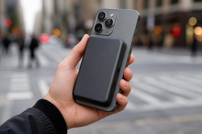 Magnetic power bank attached to the back of a smartphone