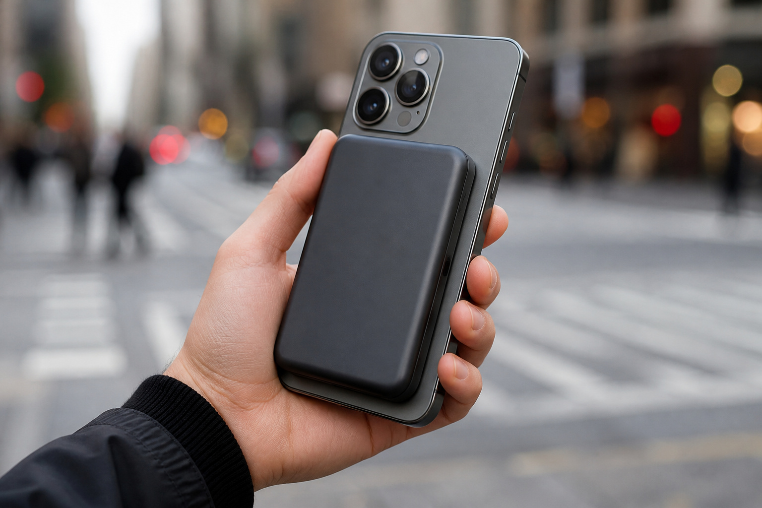 Magnetic power bank attached to the back of a smartphone