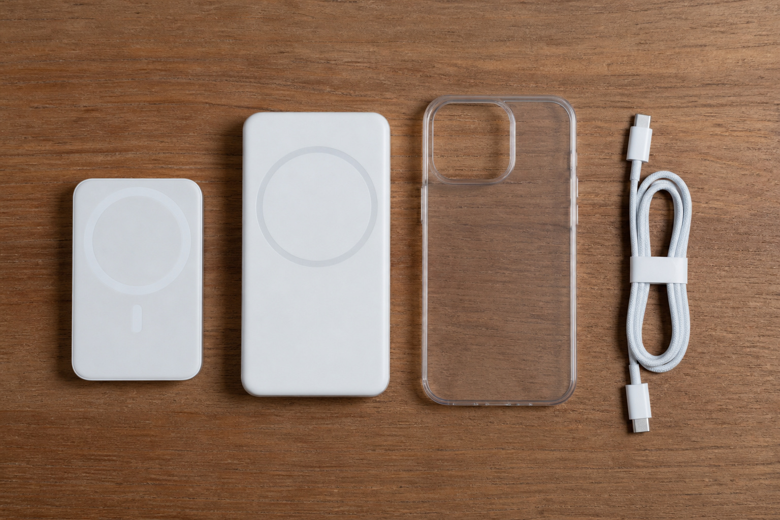 Two sizes of magnetic power bank with a phone case and cable