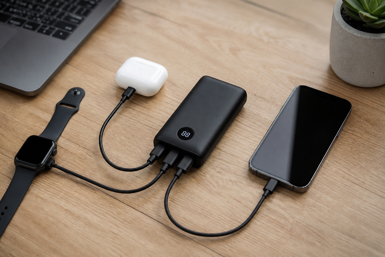 Power bank charging a phone, earbuds and a watch at once