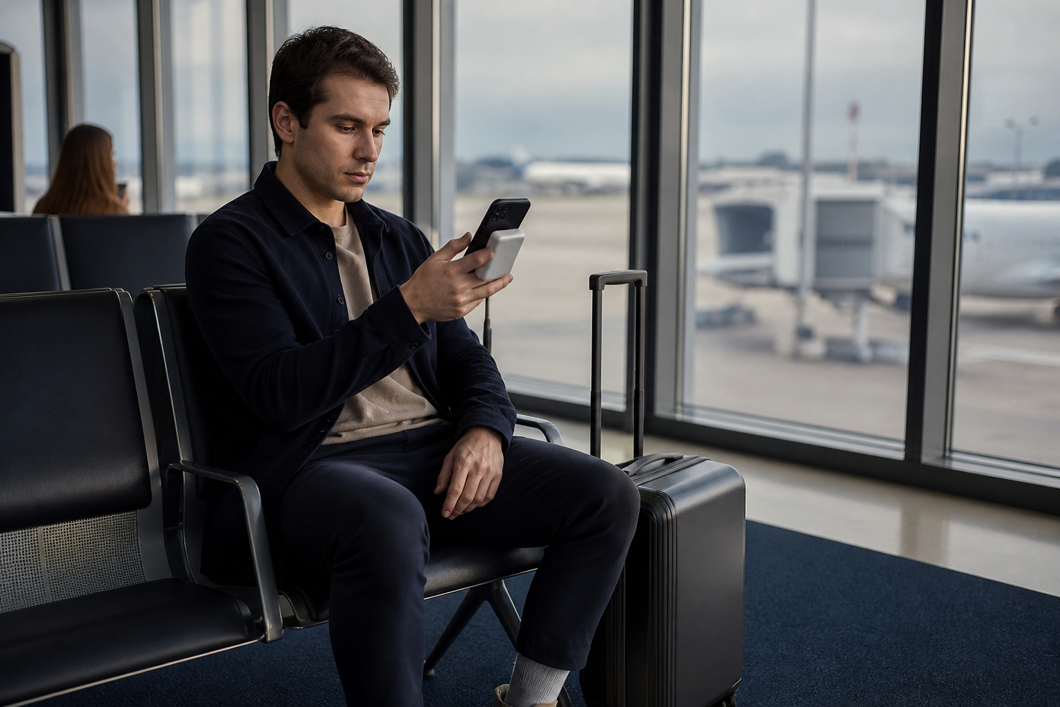 Traveler at an airport gate charging a phone with a magnetic power bank
