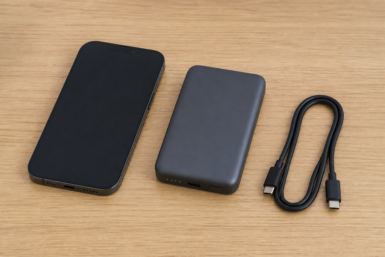 Mid-size magnetic power bank beside a phone and cable for scale