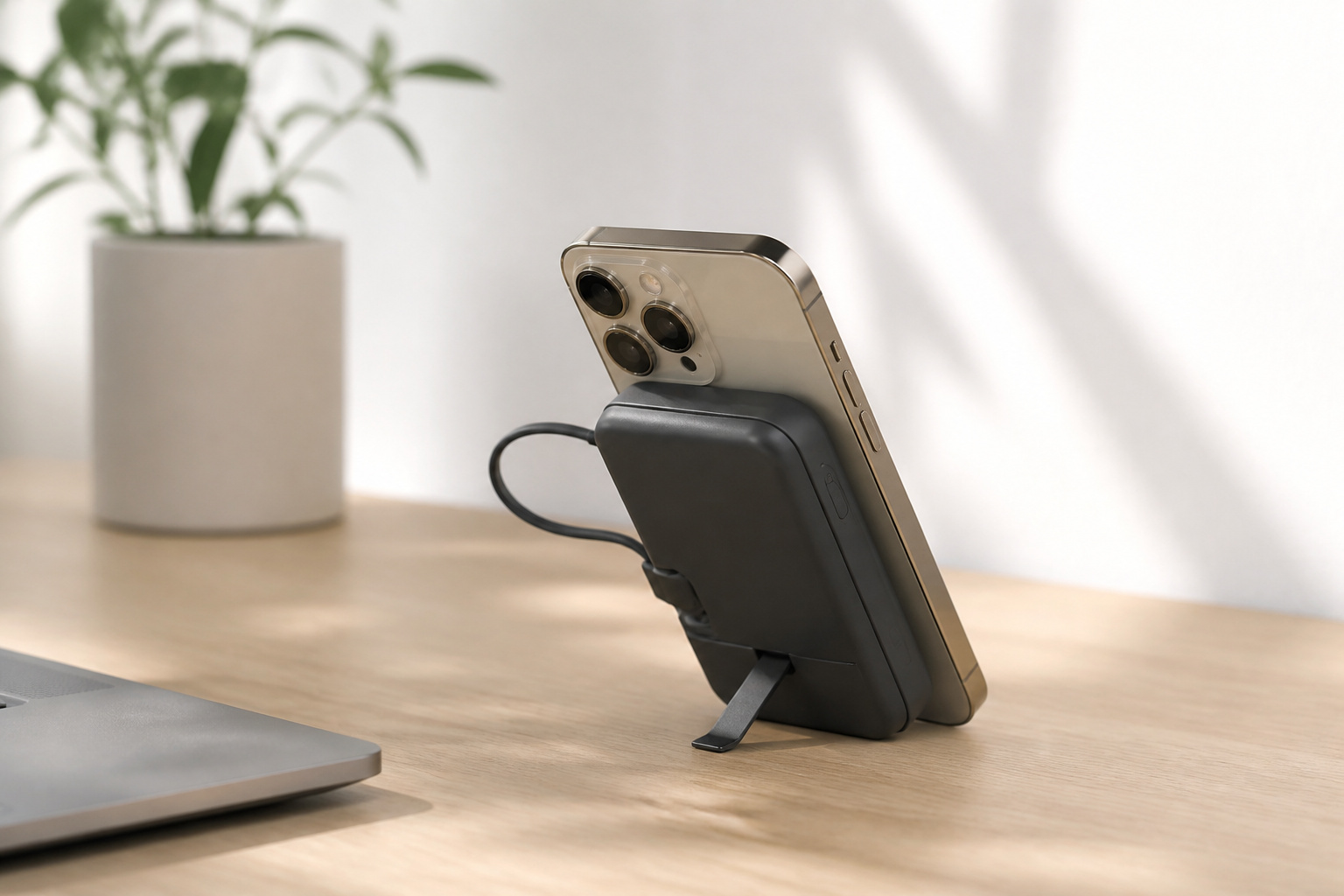 Magnetic power bank with a stand propping up a phone on a desk