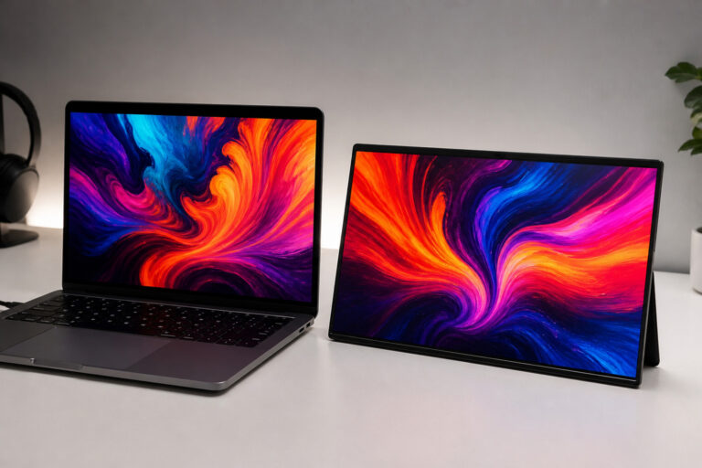 Ultra-thin portable OLED monitor beside an open laptop