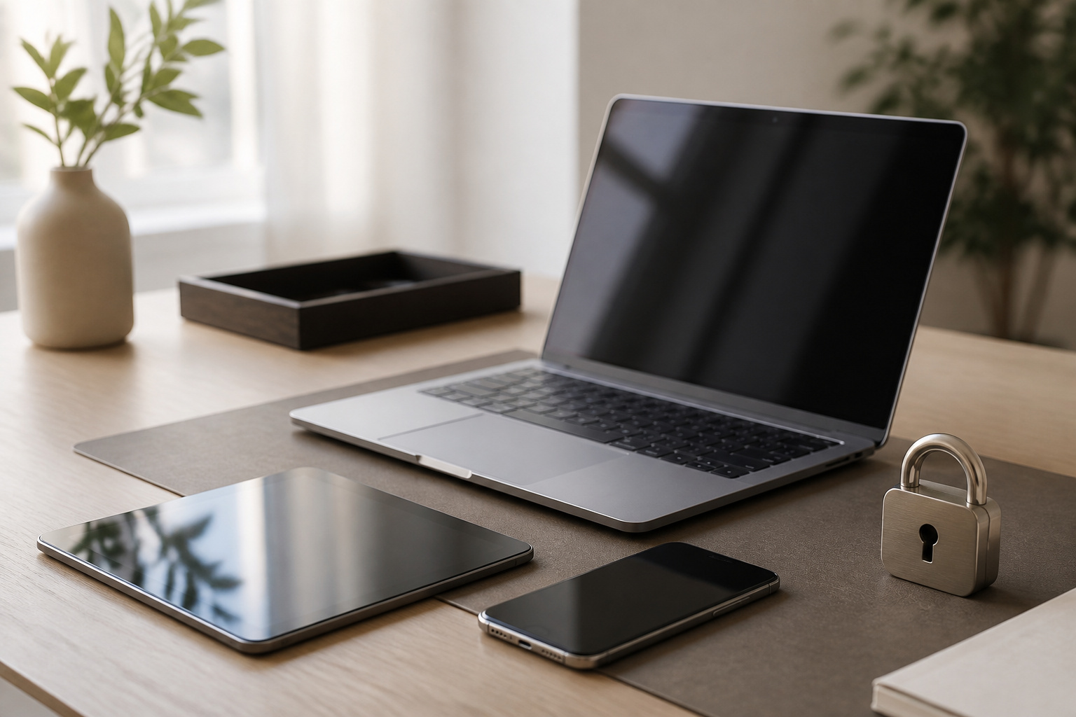 Laptop, tablet and phone on a desk with a padlock paperweight