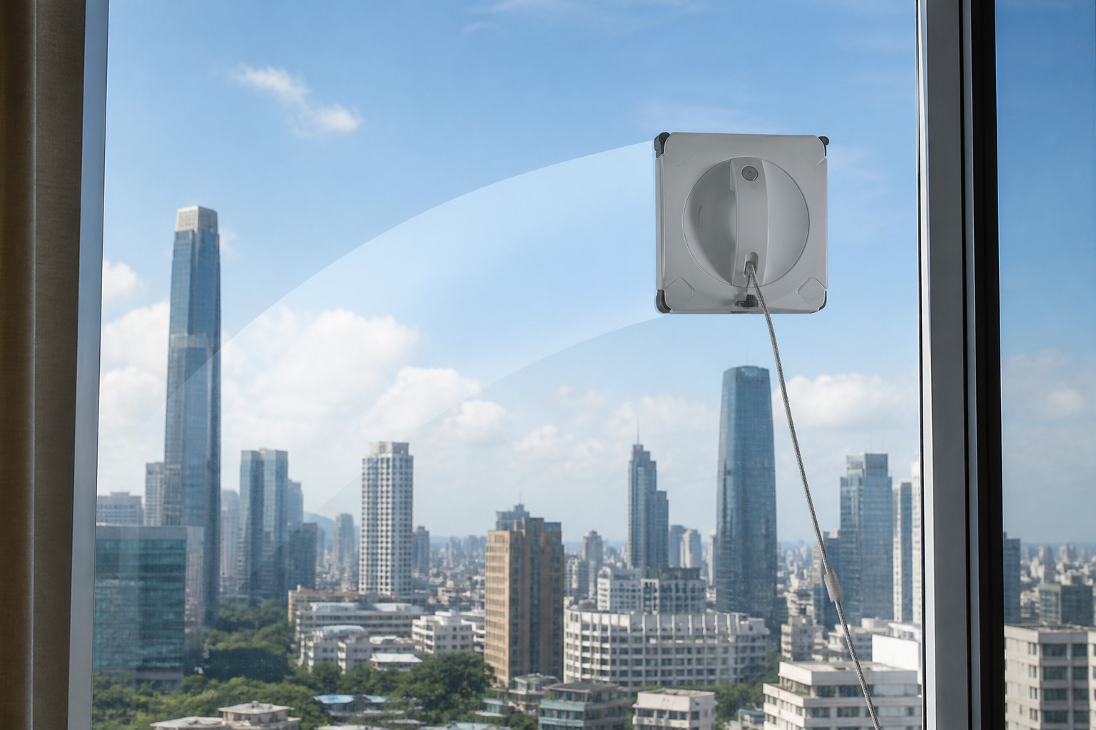 Window cleaning robot on a large glass pane with a clean path behind it