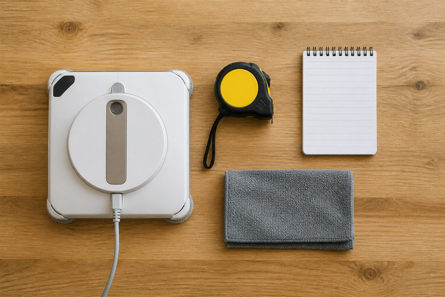 Window cleaning robot with a tape measure and notepad on a table