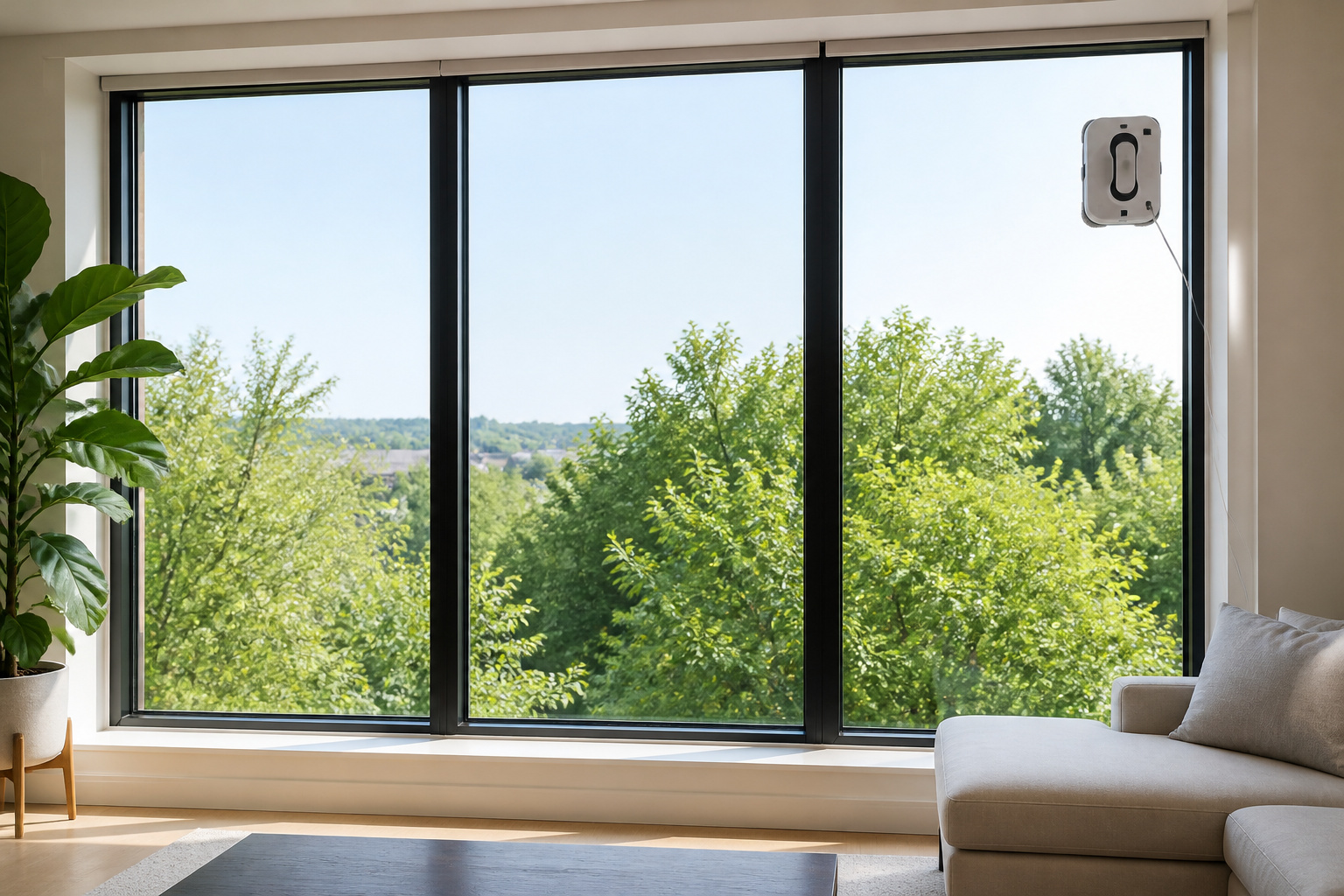 Spotless living room window with a window cleaning robot in the corner