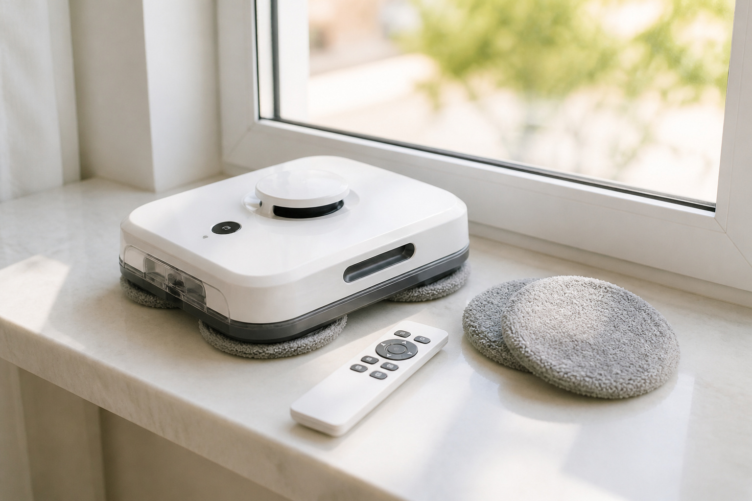 Budget window cleaning robot with spare cloths and remote on a windowsill