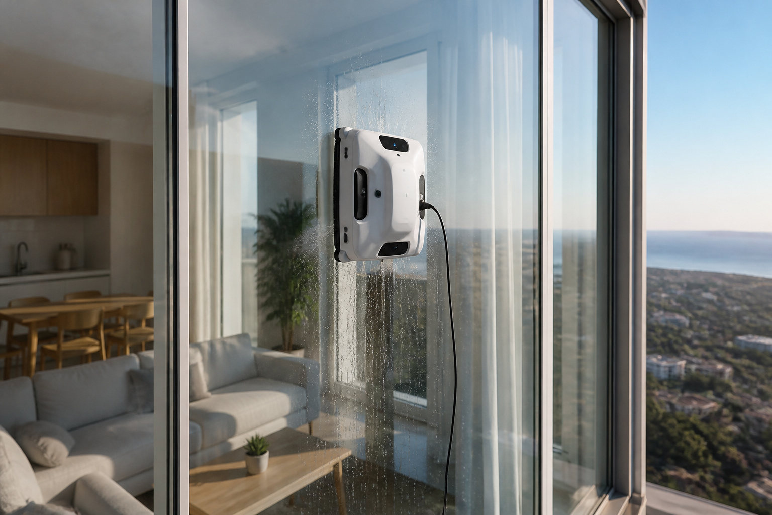 Window cleaning robot climbing a tall window