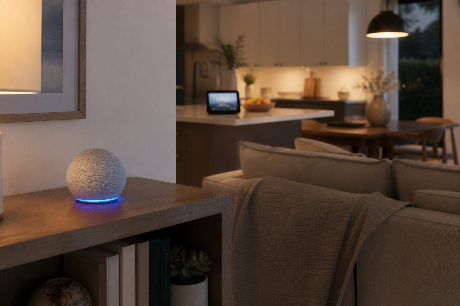 Smart speaker on a shelf in a modern living room with a smart display beyond