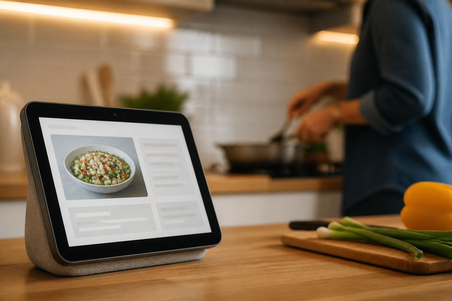 Smart display showing a recipe on a kitchen counter