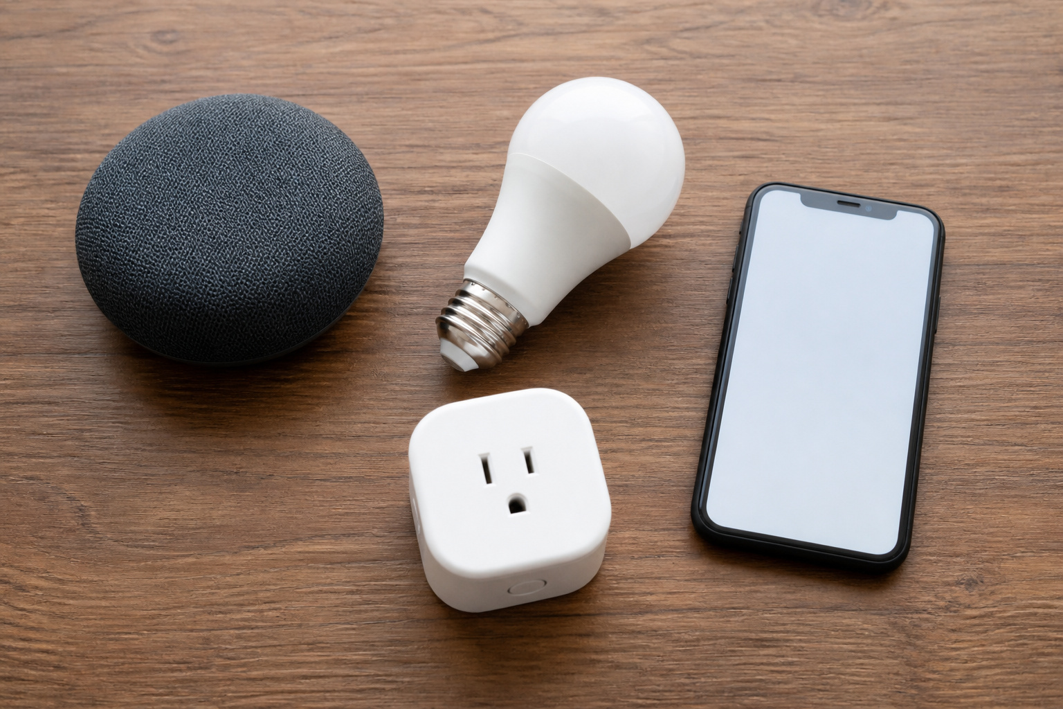 Smart speaker with a smart bulb, plug and phone laid out on a table