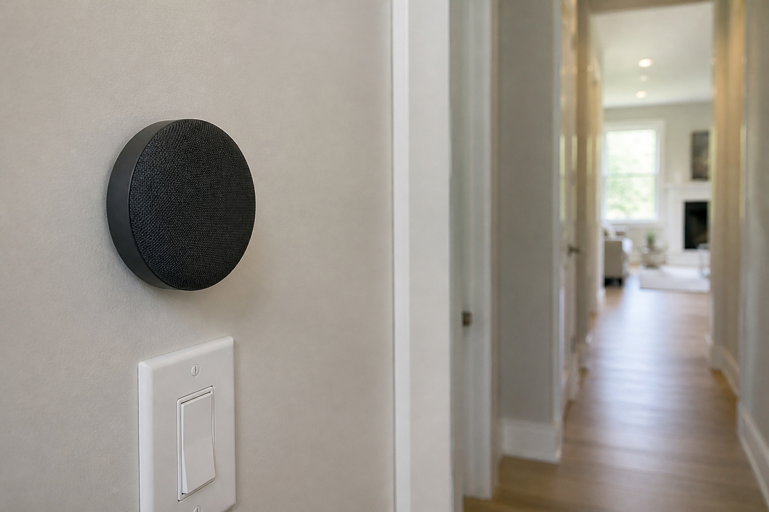 Small puck-shaped smart speaker mounted on a hallway wall