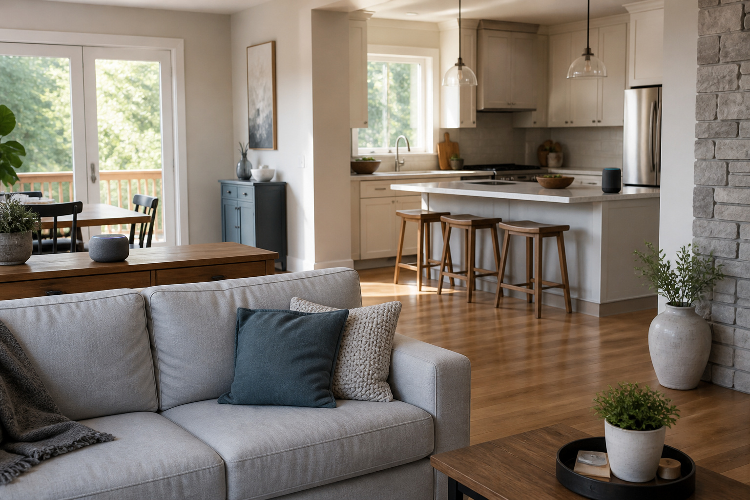 Smart speakers placed in a living room and kitchen