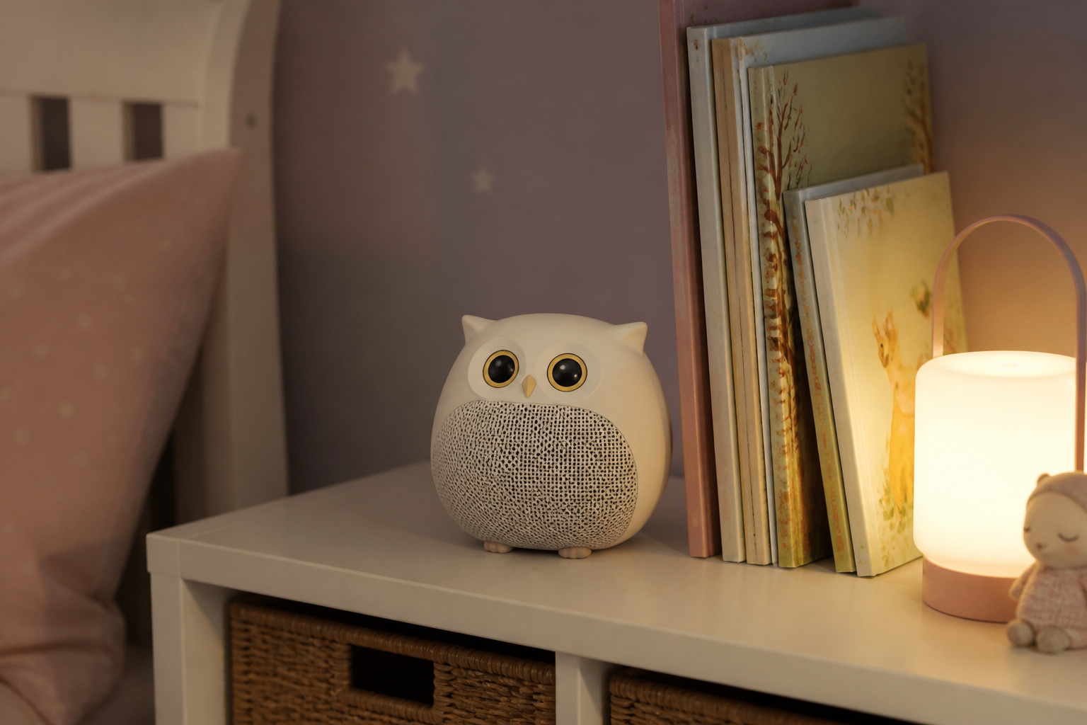 Owl-themed kids smart speaker on a bedroom shelf next to storybooks
