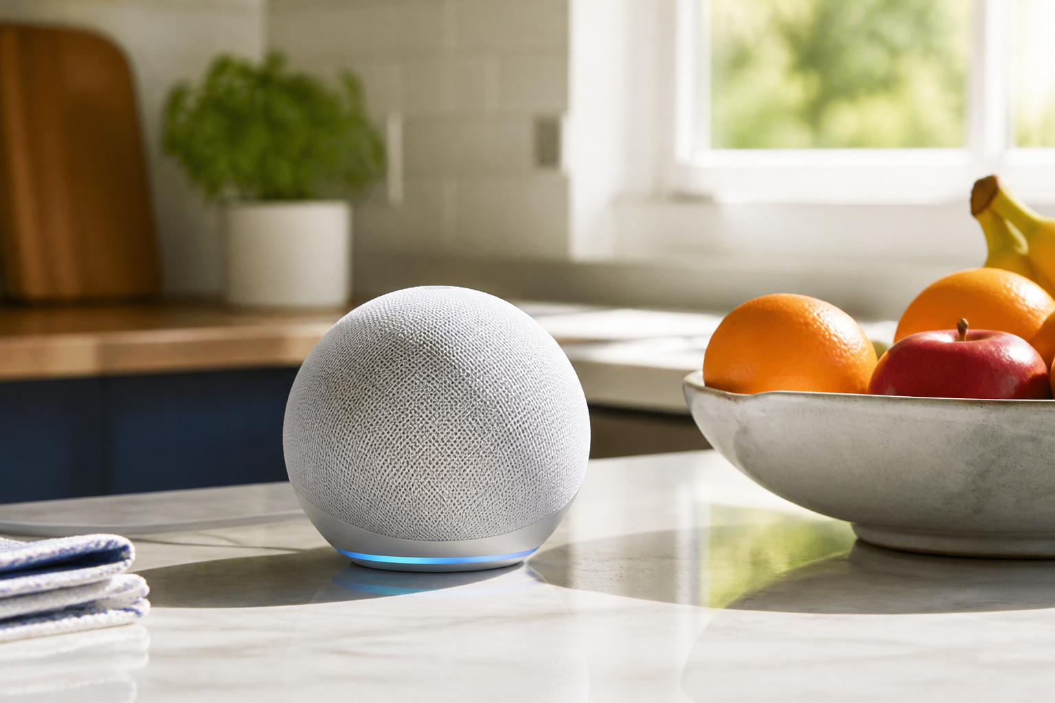 Small spherical smart speaker on a kitchen counter