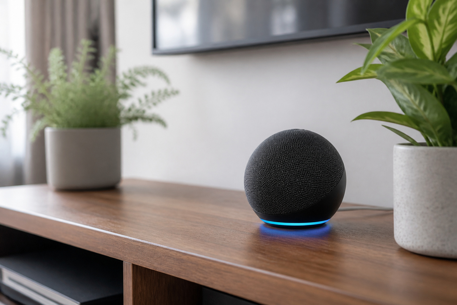 Compact smart speaker on a media console beside plants