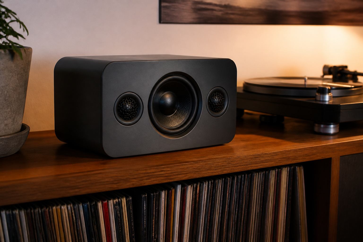Premium compact speaker on a shelf beside a record player