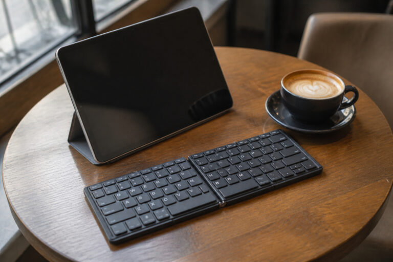 Foldable Bluetooth keyboard unfolded on a cafe table next to a tablet