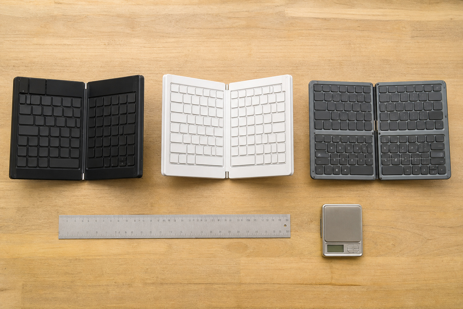 Three foldable keyboards compared side by side with a ruler