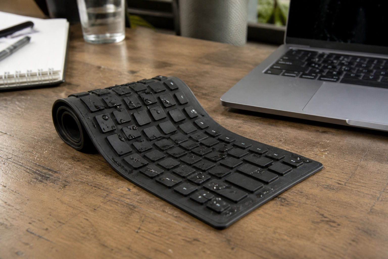 Flexible roll-up silicone keyboard partly rolled on a workbench