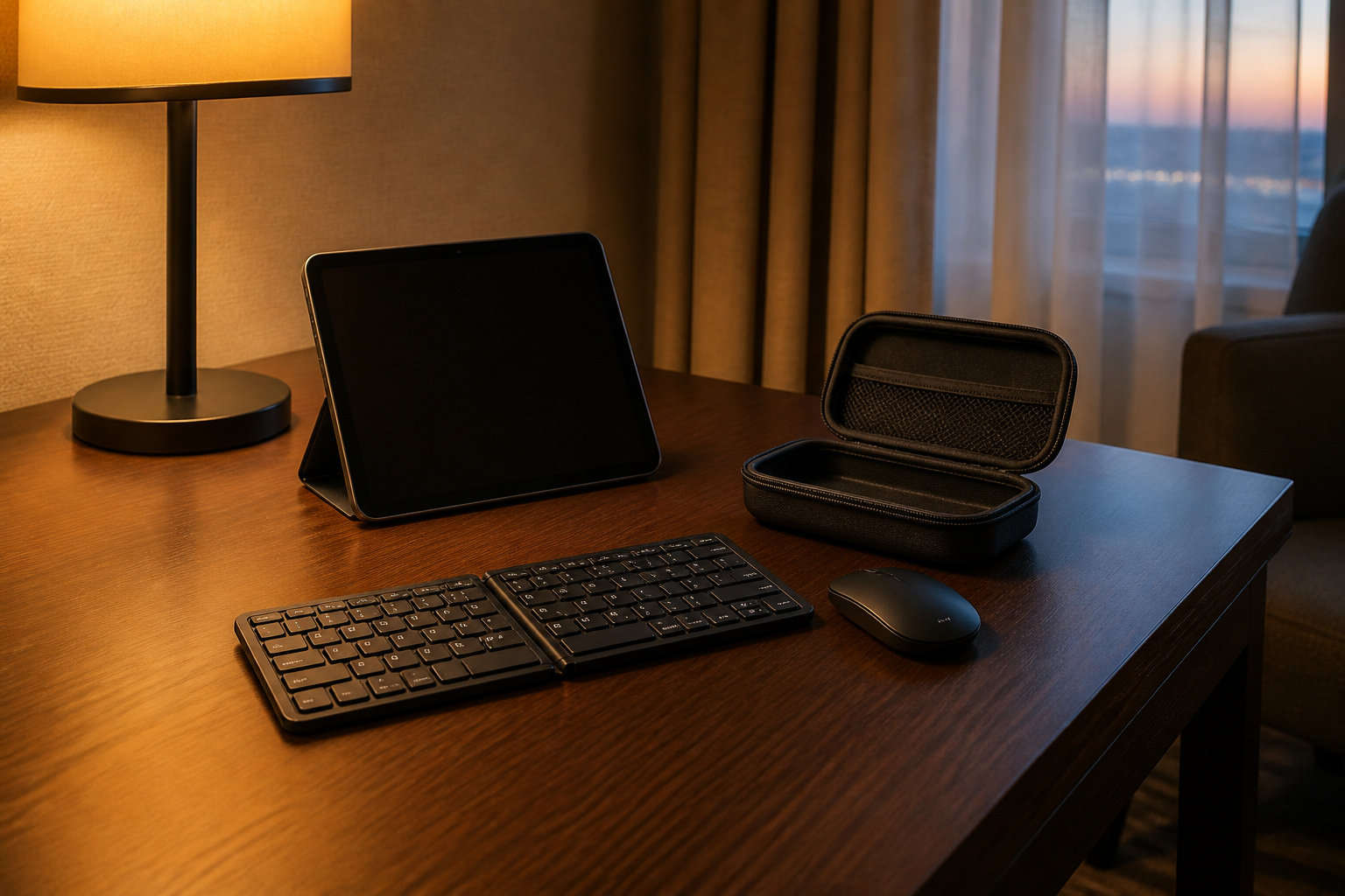 Foldable keyboard and mouse combo with a carrying case on a hotel desk