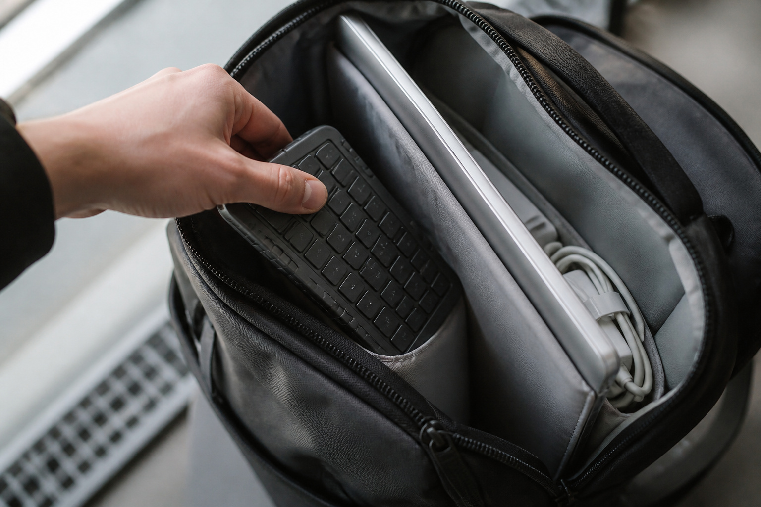 Foldable keyboard being packed into a backpack with a laptop