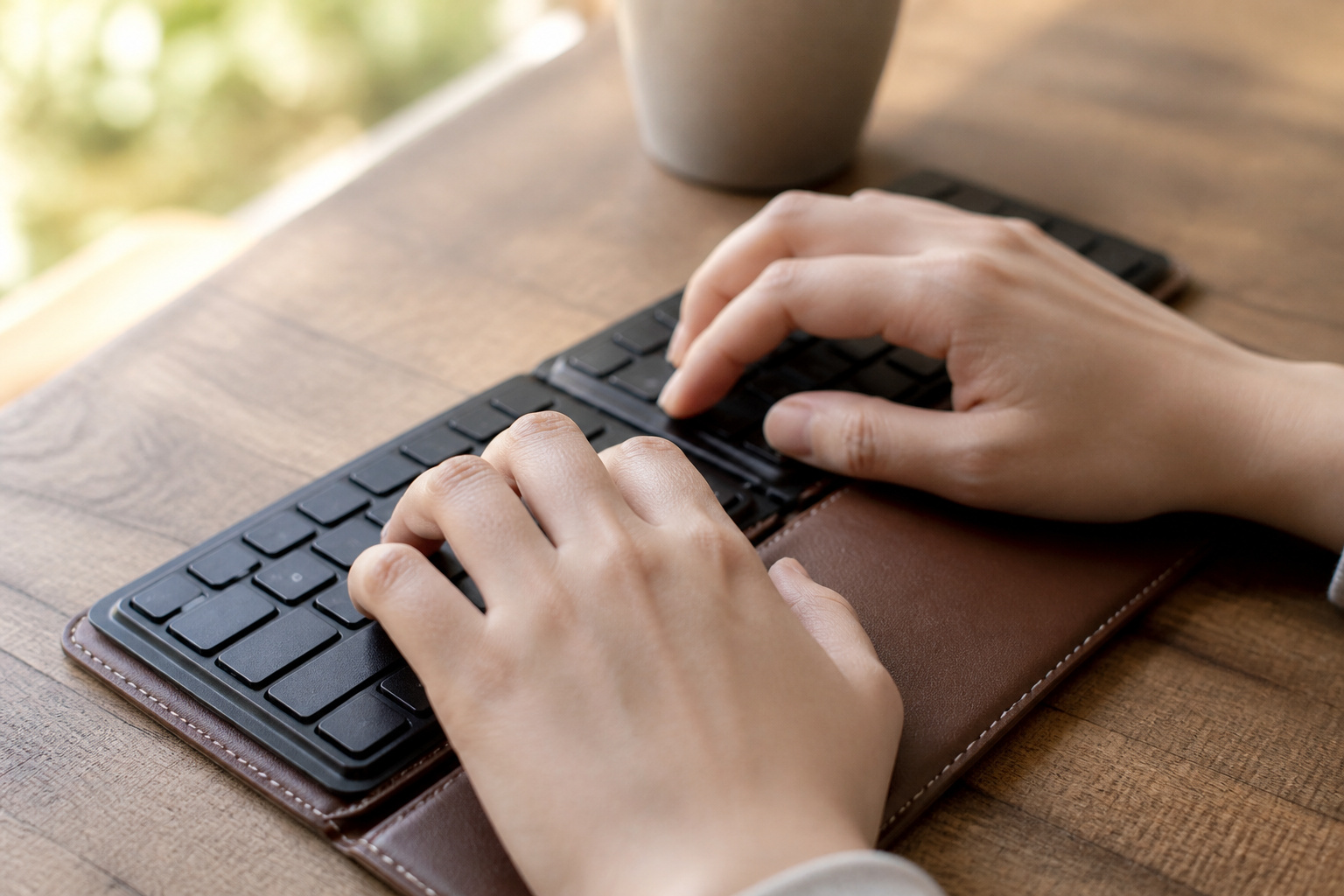 Hands typing on a foldable keyboard with a leather backing