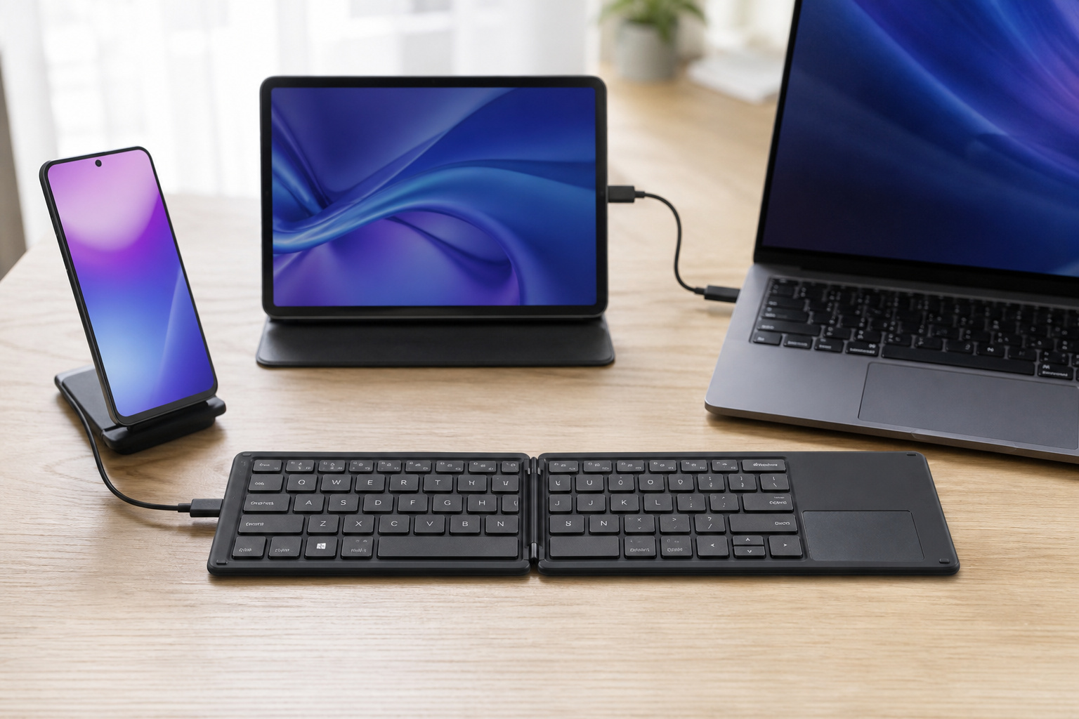Full-size foldable keyboard open beside a phone, tablet and laptop