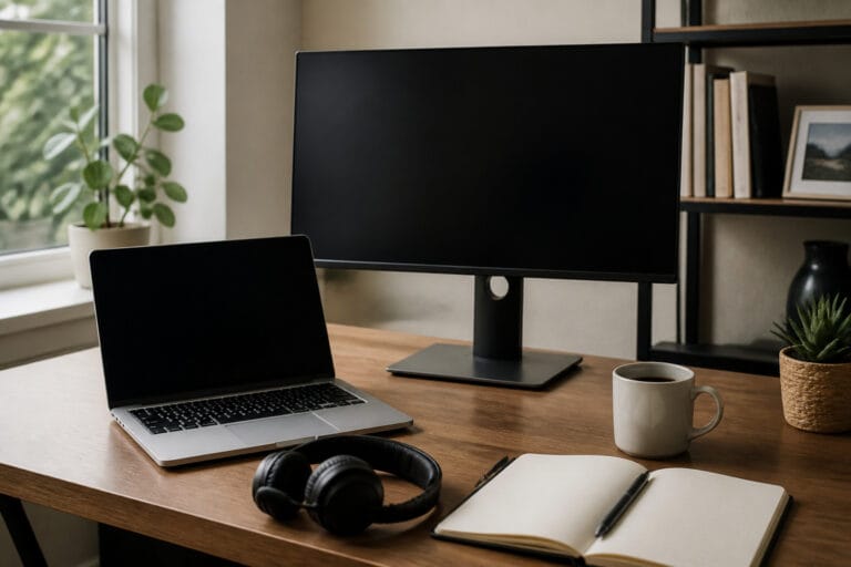 A home office desk with a laptop, headset, and external monitor