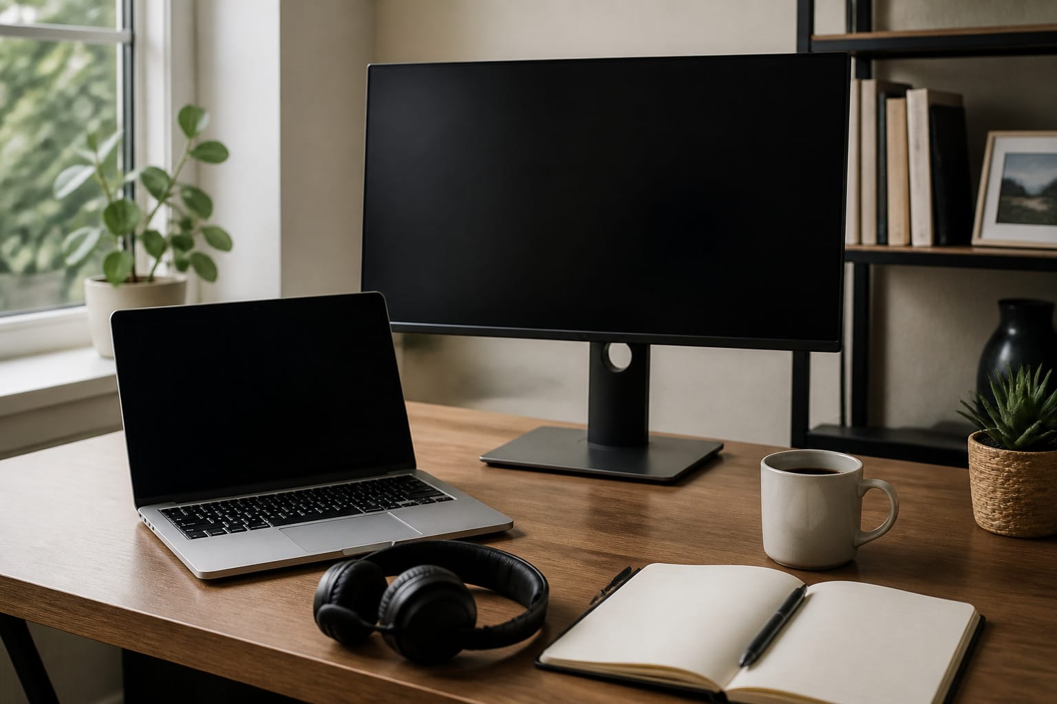 A home office desk with a laptop, headset, and external monitor