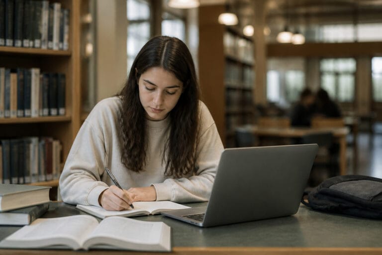 A student with a laptop and notebooks at a library table
