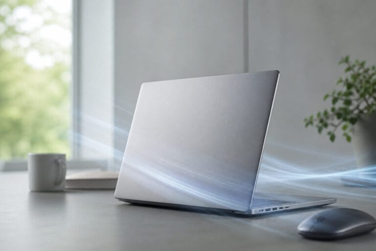 A sleek laptop on a desk with a sense of speed and clean airflow