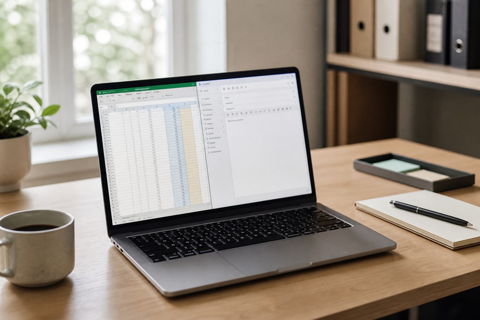 A simple laptop with a spreadsheet and an email window open on a tidy desk