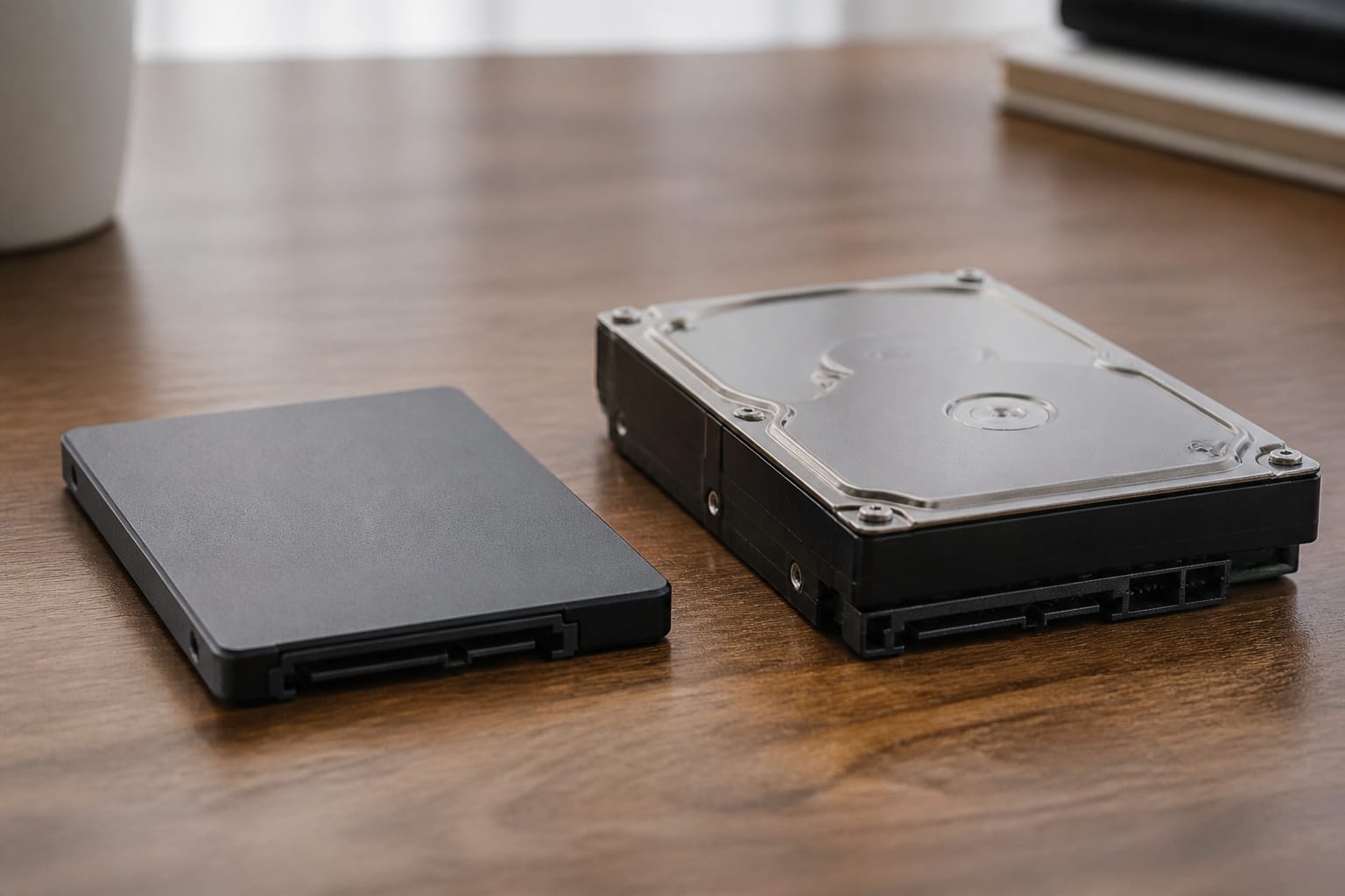 A slim SSD next to an old hard drive on a wooden desk
