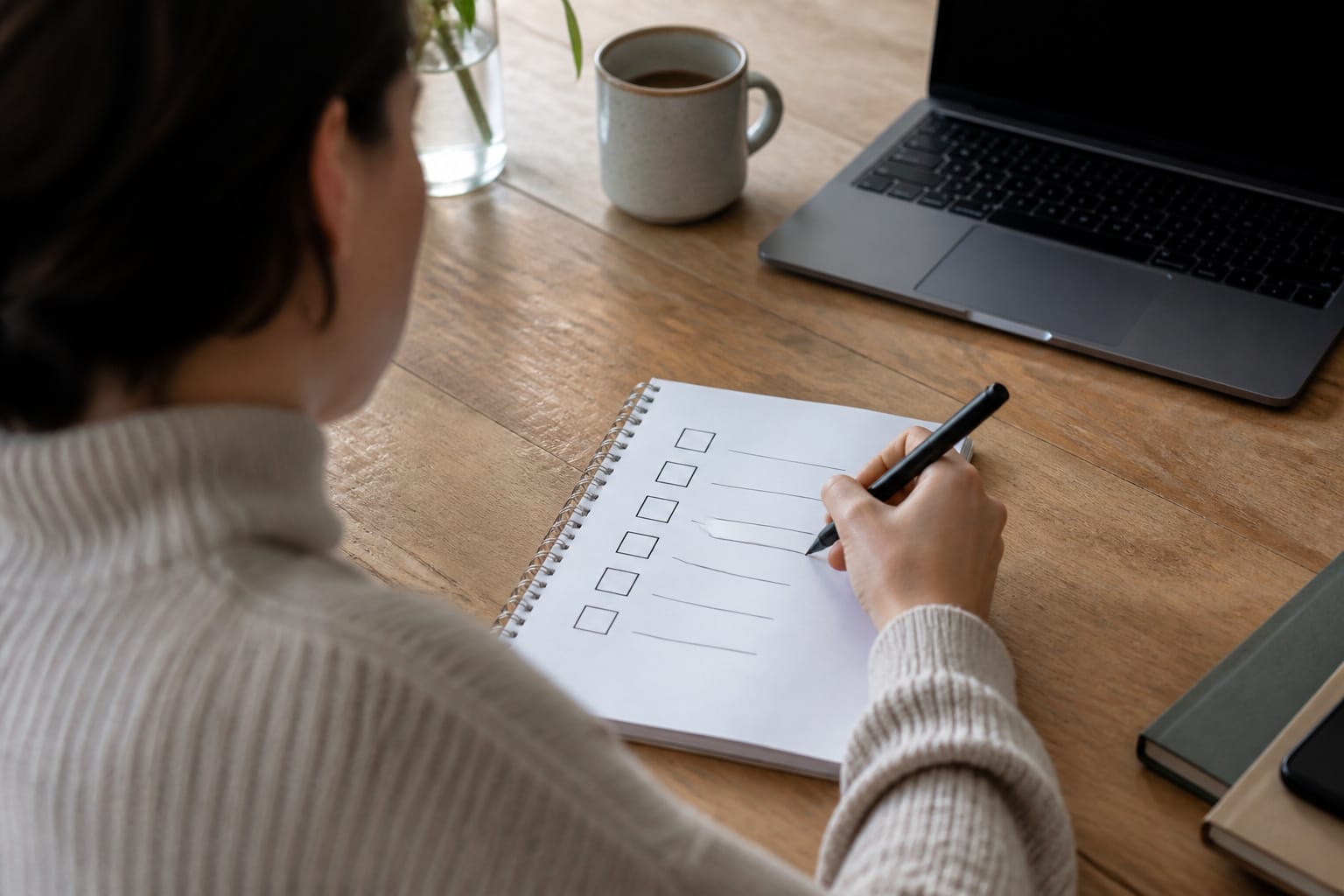 A person at a desk sketching a checklist next to a laptop