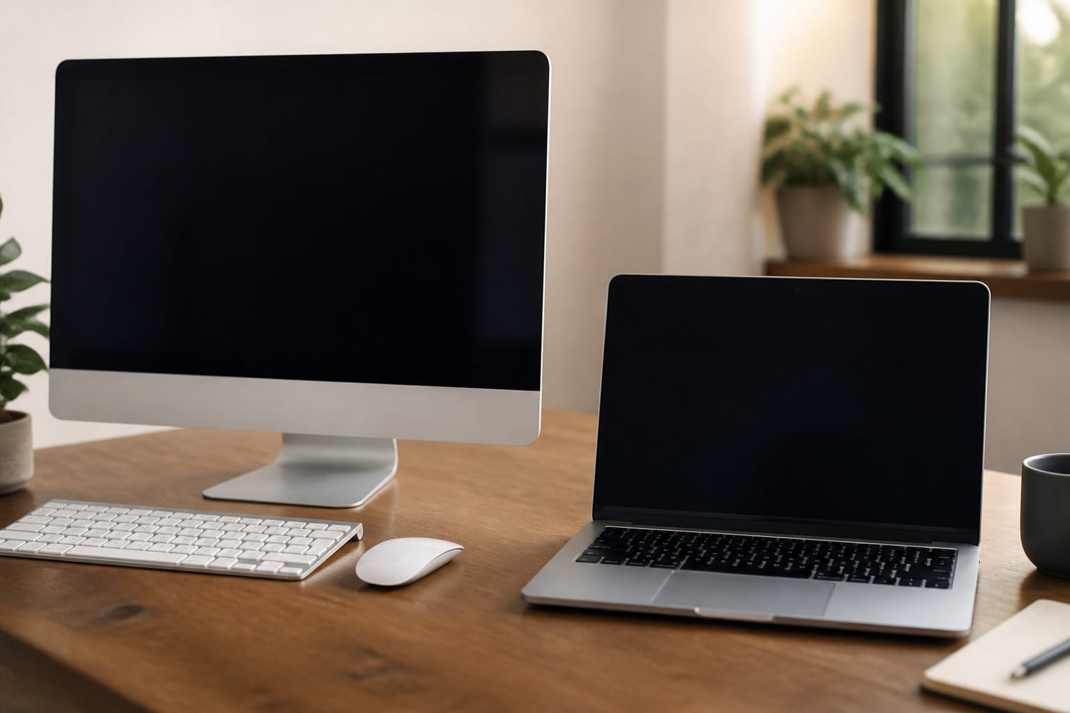A desktop computer and a laptop side by side on a desk