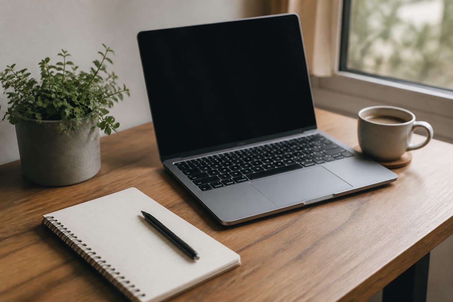 A modest laptop on a desk with a small budget notebook