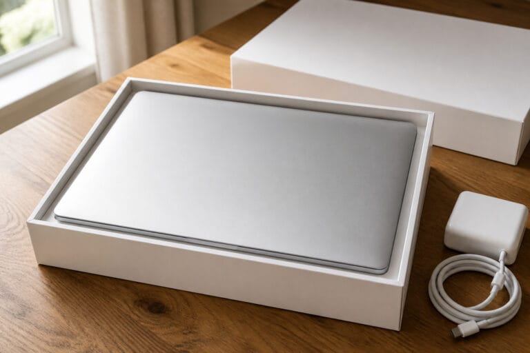 Refurbished laptop in a plain white box with a charger